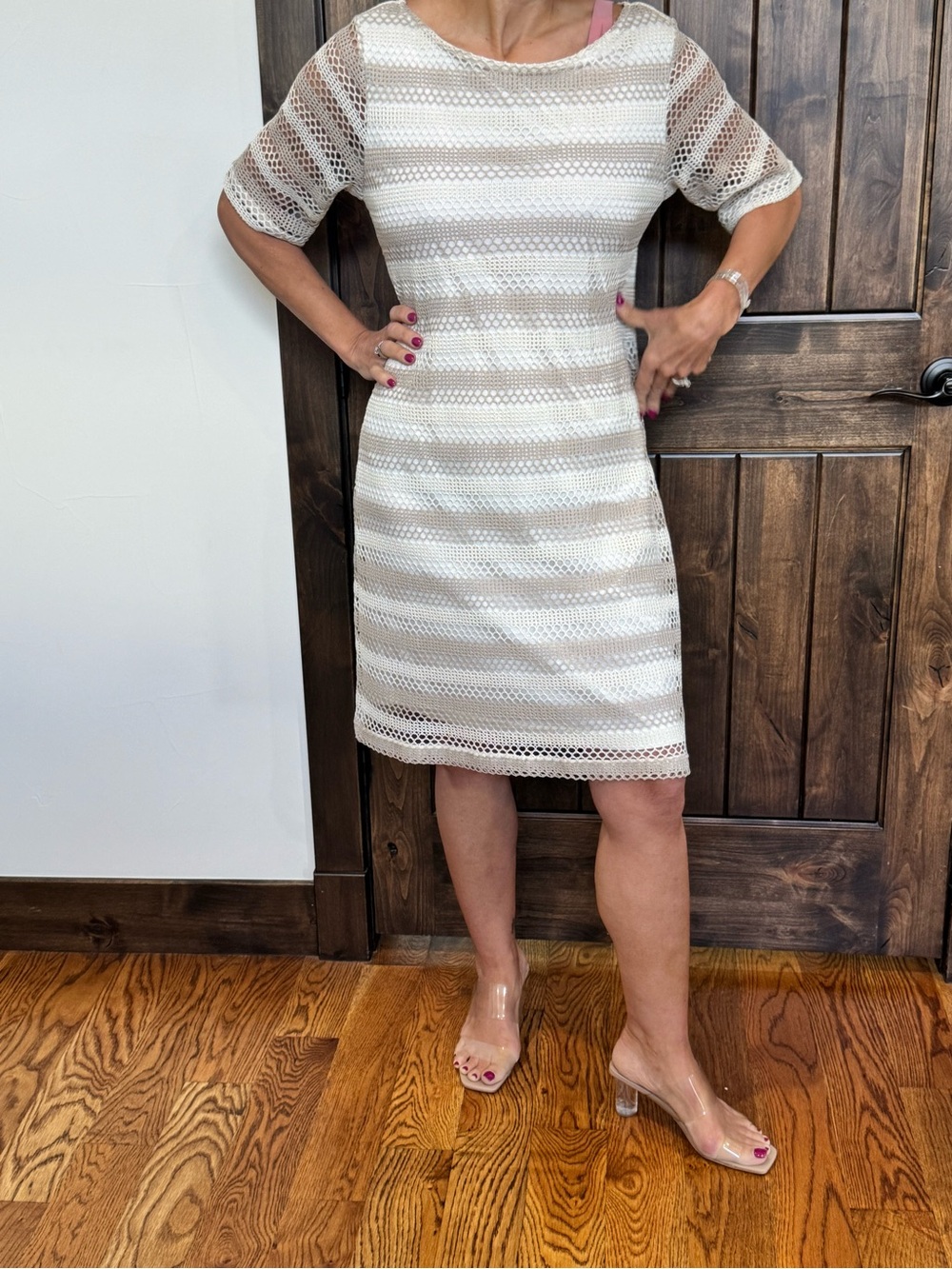 Sharagano Cream and White Striped Crochet Midi Dress